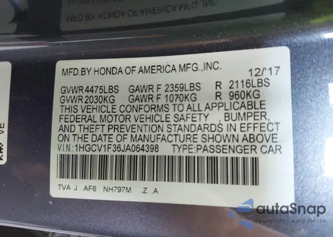 2018 Honda Accord Sport z USA, uszkodzony, nr VIN 1HGCV1F36JA064398